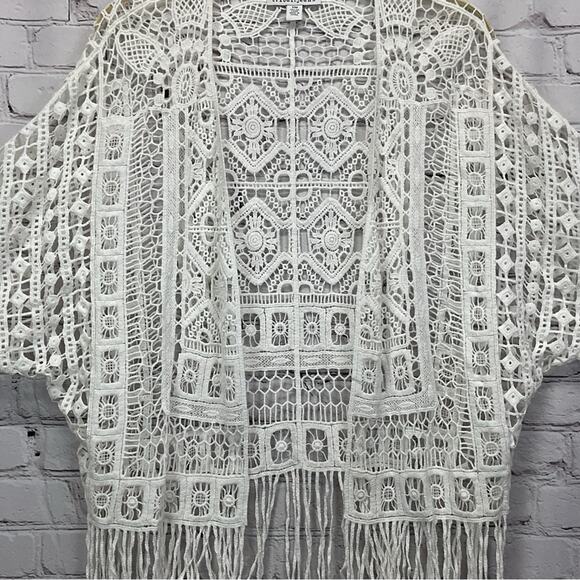 Tribal Jeans Crochet Cardigan Women's S/M White Open Front Boho Fringe Beachy - Picture 3 of 10